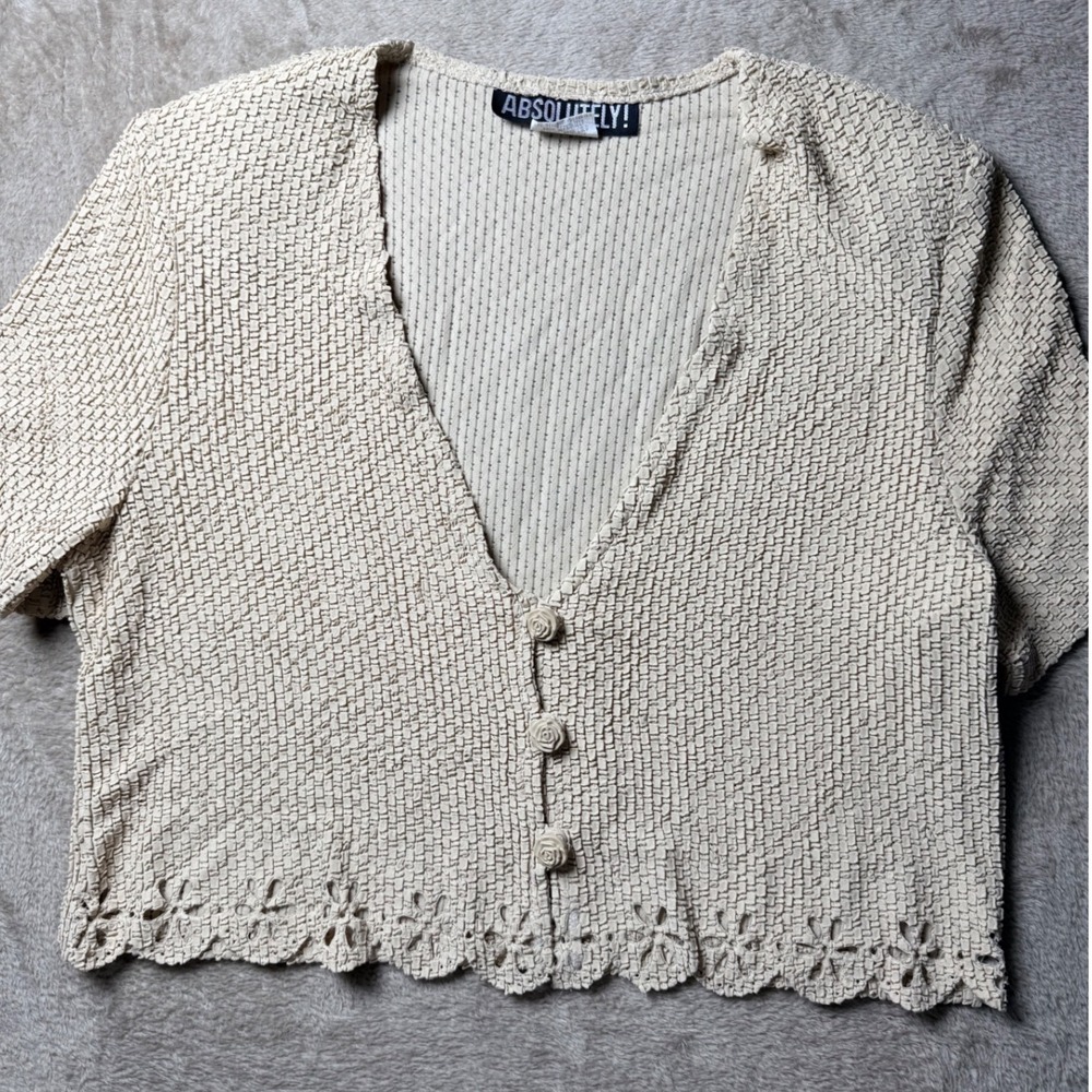 Vintage Absolutely! Knit Crop Cardigan Rose Button L Coquette Shabby Chic 90s